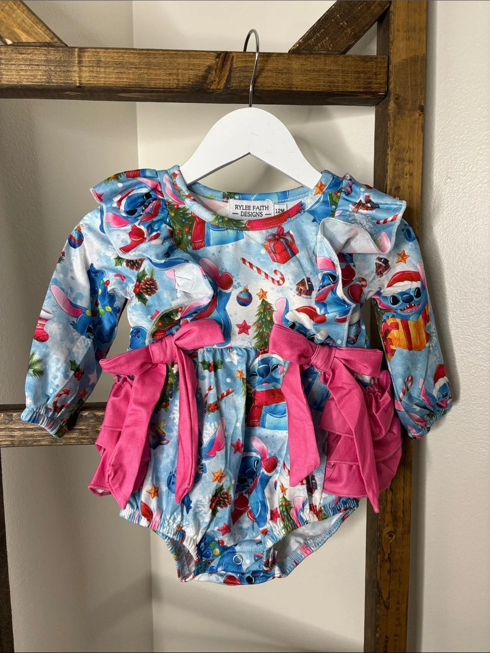 Lilo and Stitch Blue Holiday Ruffle One-Piece with Pink Bows Size 12M